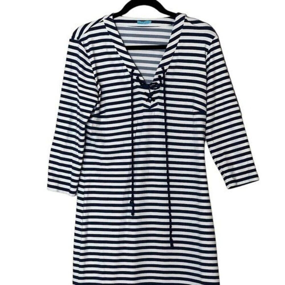 J. McLaughlin Striped Navy White V-Neck Dress Women's Size Medium Excellent very